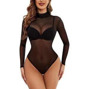 Women's Turtleneck Bodysuit Sheer Mesh Shirt Tops Stretchy Mesh Fitted Shirt Top